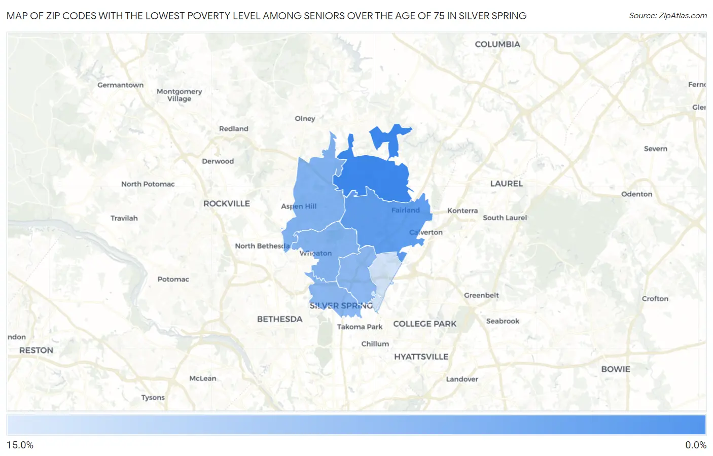 Zip Codes with the Lowest Poverty Level Among Seniors Over the Age of 75 in Silver Spring Map