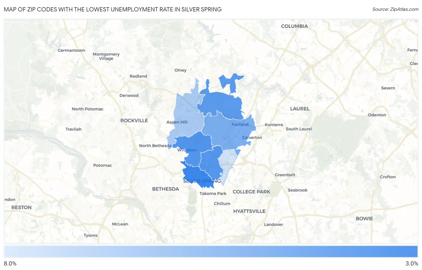Zip Codes with the Lowest Unemployment Rate in Silver Spring Map