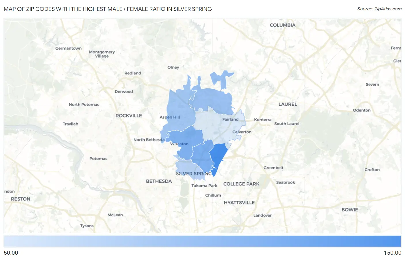 Zip Codes with the Highest Male / Female Ratio in Silver Spring Map