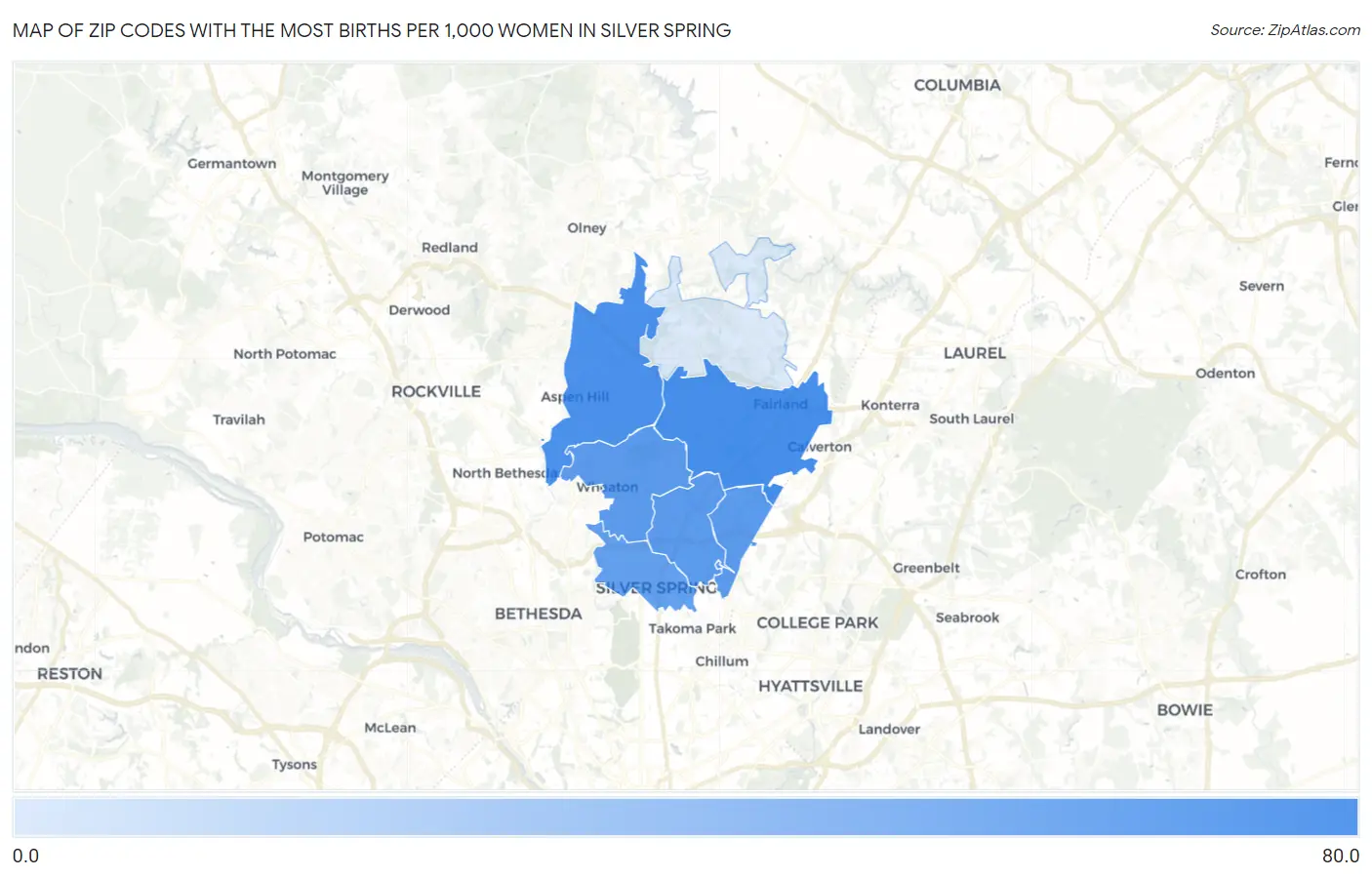 Zip Codes with the Most Births per 1,000 Women in Silver Spring Map