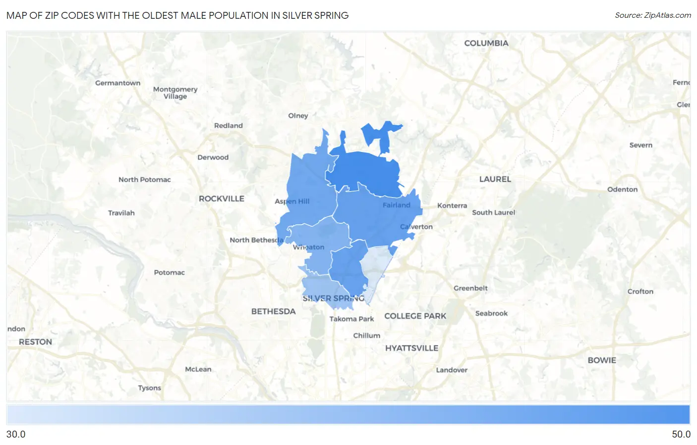 Zip Codes with the Oldest Male Population in Silver Spring Map