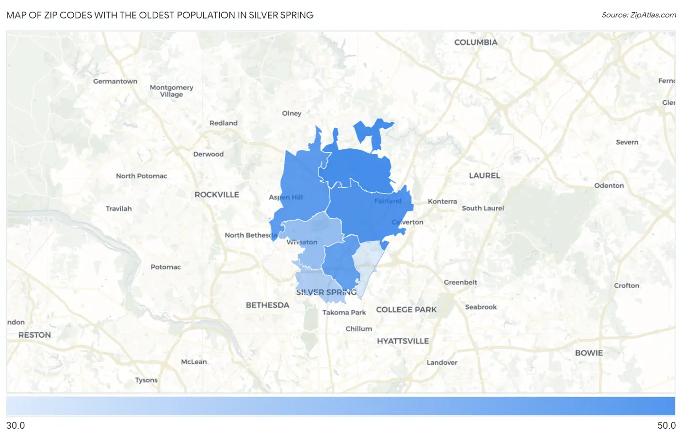 Zip Codes with the Oldest Population in Silver Spring Map