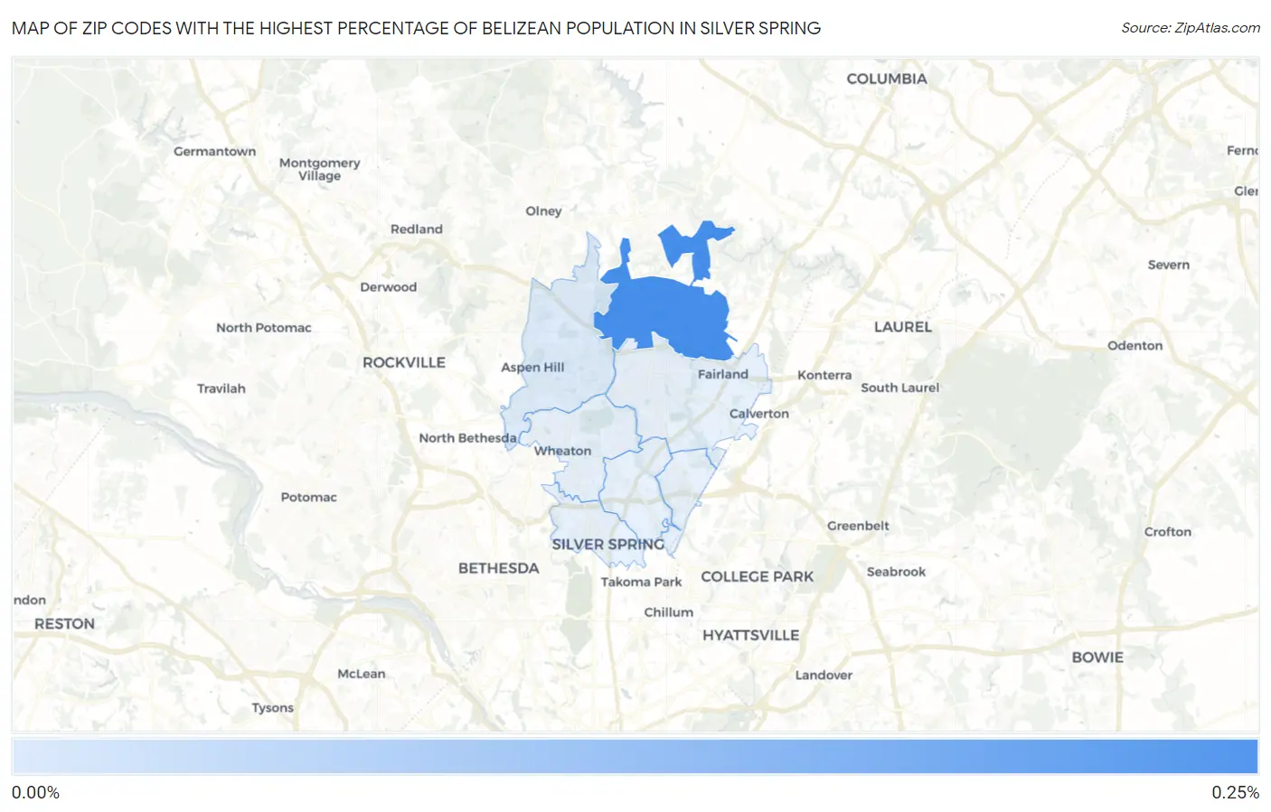 Zip Codes with the Highest Percentage of Belizean Population in Silver Spring Map