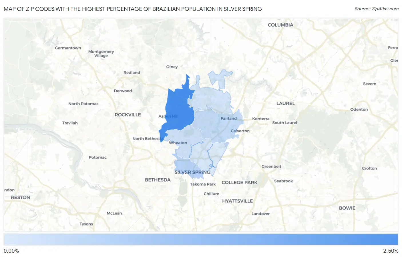 Zip Codes with the Highest Percentage of Brazilian Population in Silver Spring Map