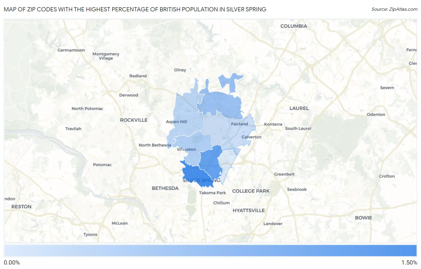 Zip Codes with the Highest Percentage of British Population in Silver Spring Map