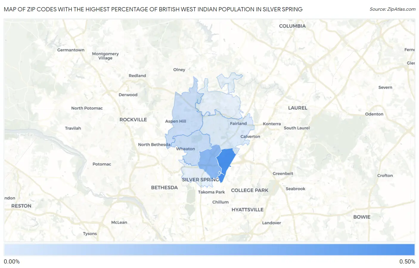Zip Codes with the Highest Percentage of British West Indian Population in Silver Spring Map