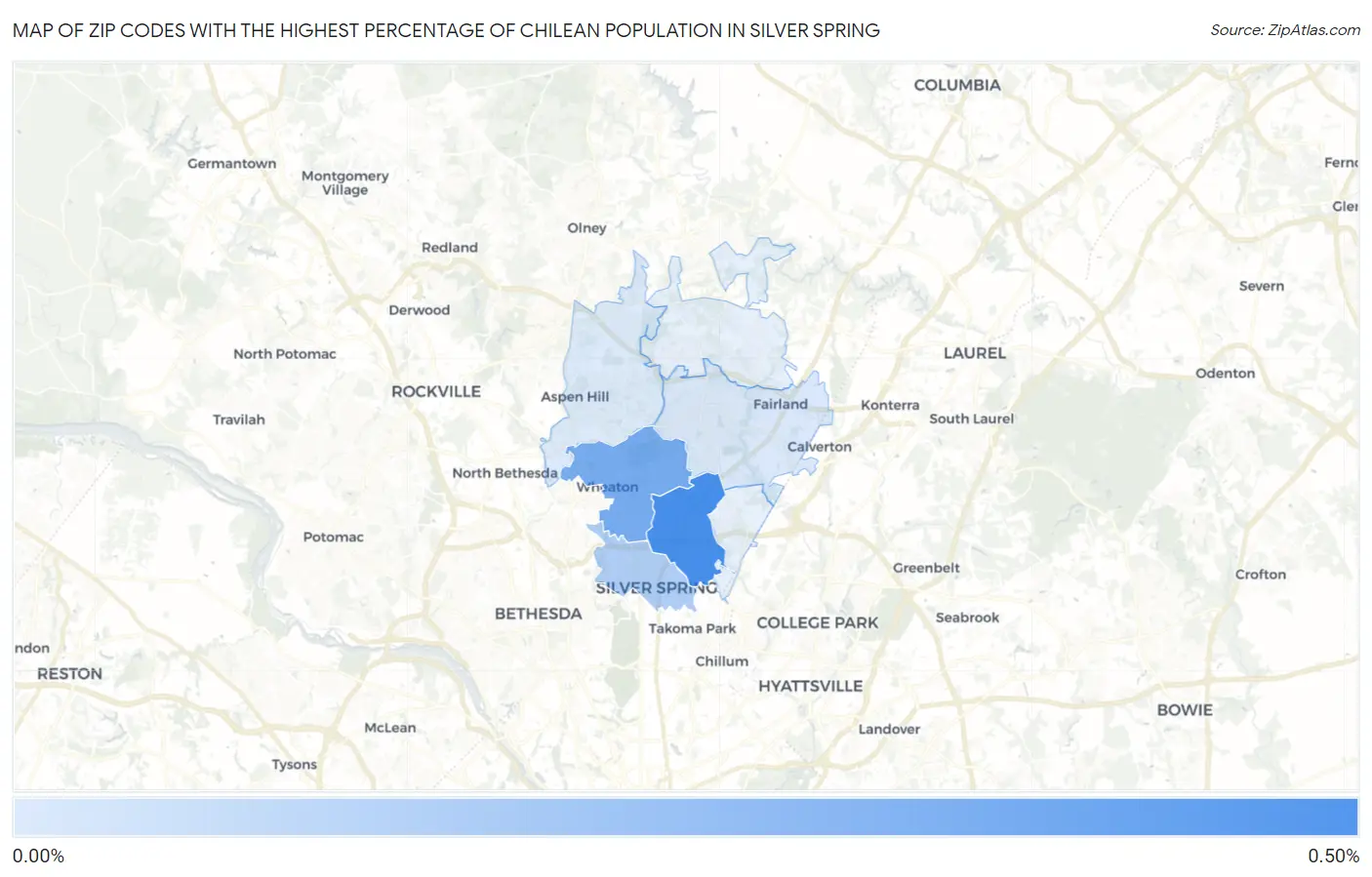 Zip Codes with the Highest Percentage of Chilean Population in Silver Spring Map
