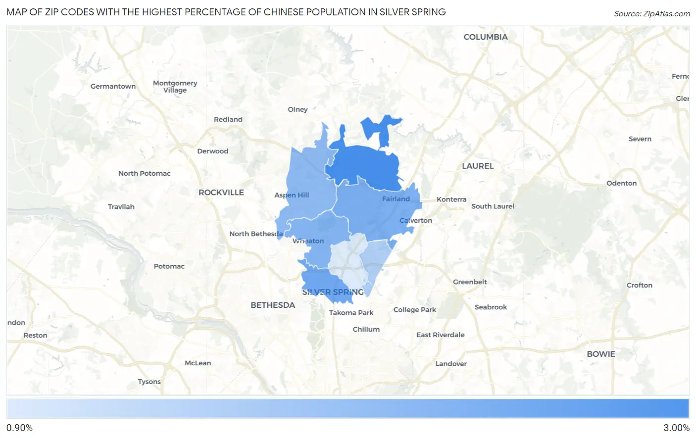 Zip Codes with the Highest Percentage of Chinese Population in Silver Spring Map