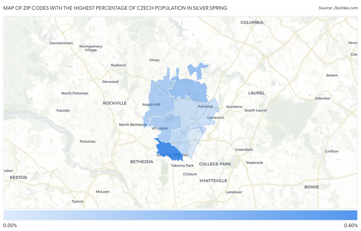 Zip Codes with the Highest Percentage of Czech Population in Silver Spring Map