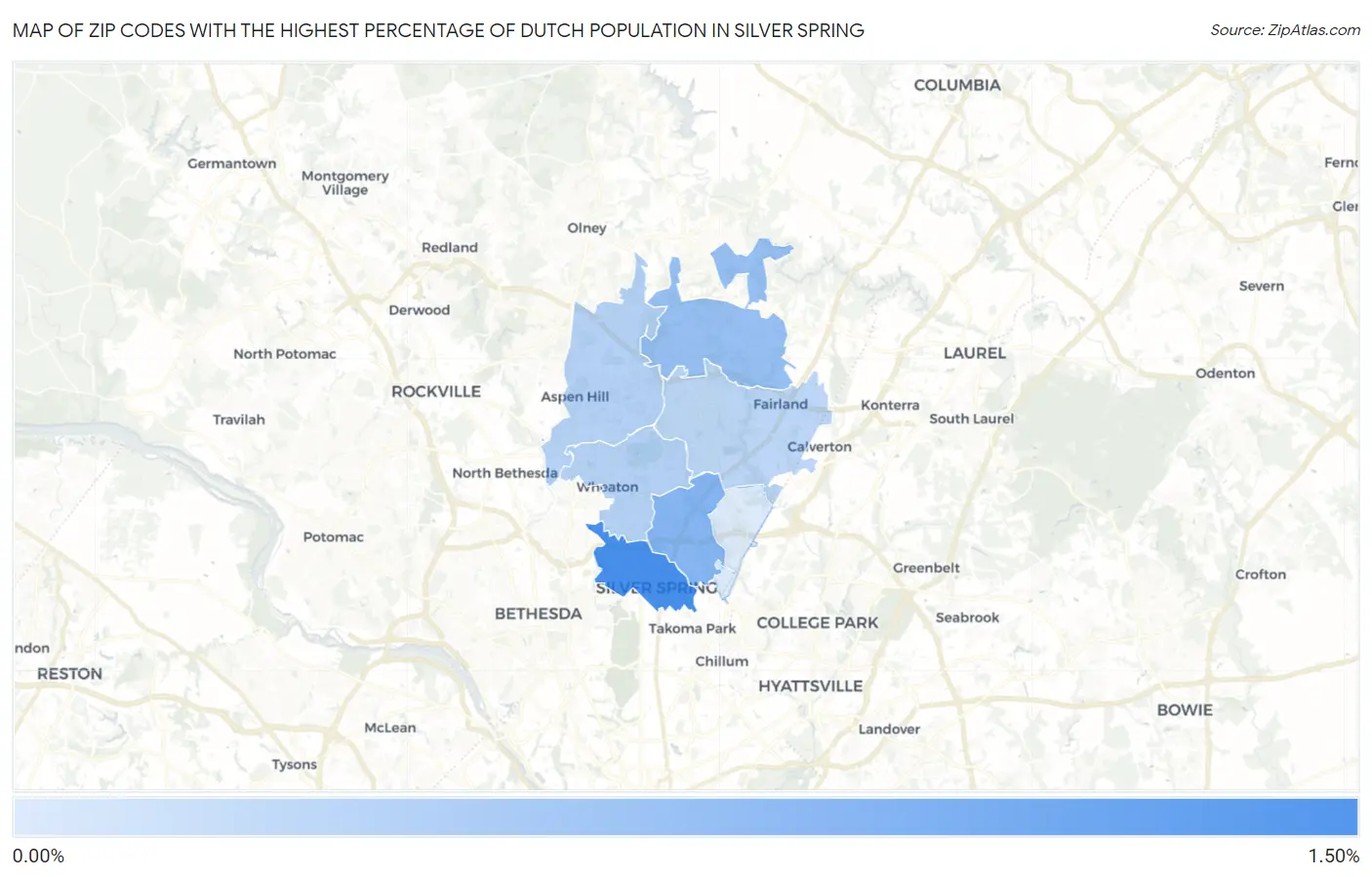 Zip Codes with the Highest Percentage of Dutch Population in Silver Spring Map