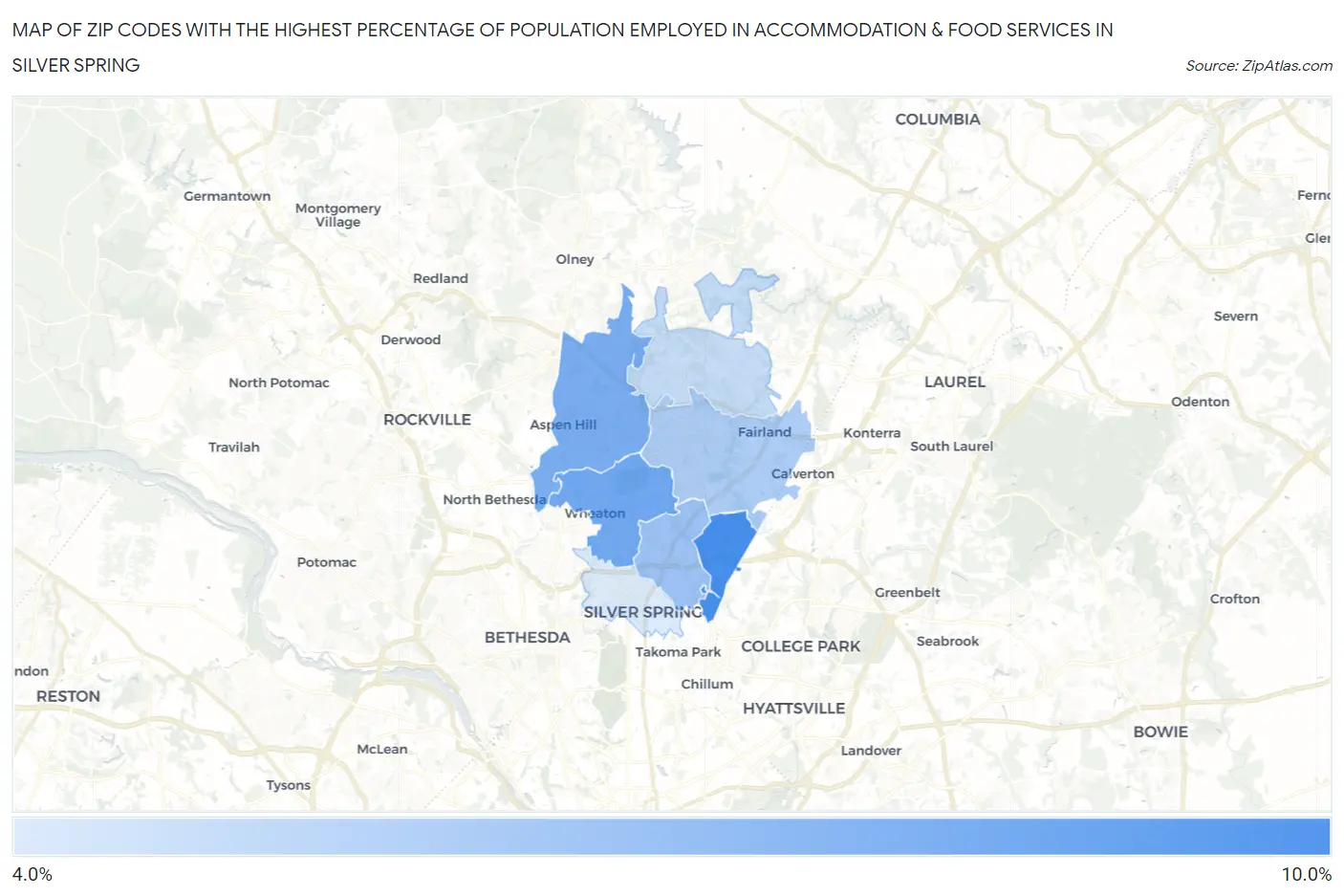 Zip Codes with the Highest Percentage of Population Employed in Accommodation & Food Services in Silver Spring Map