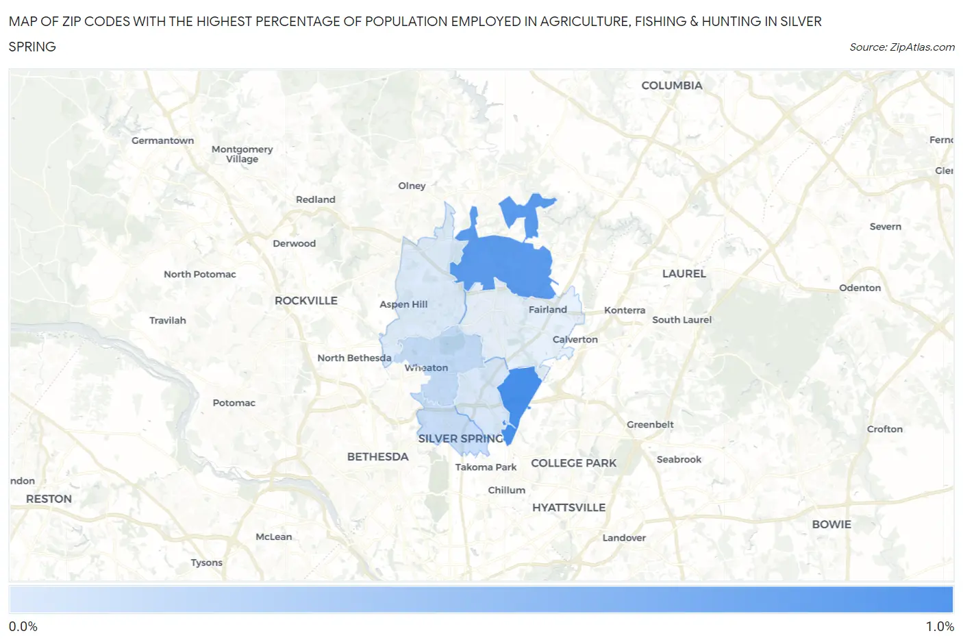 Zip Codes with the Highest Percentage of Population Employed in Agriculture, Fishing & Hunting in Silver Spring Map