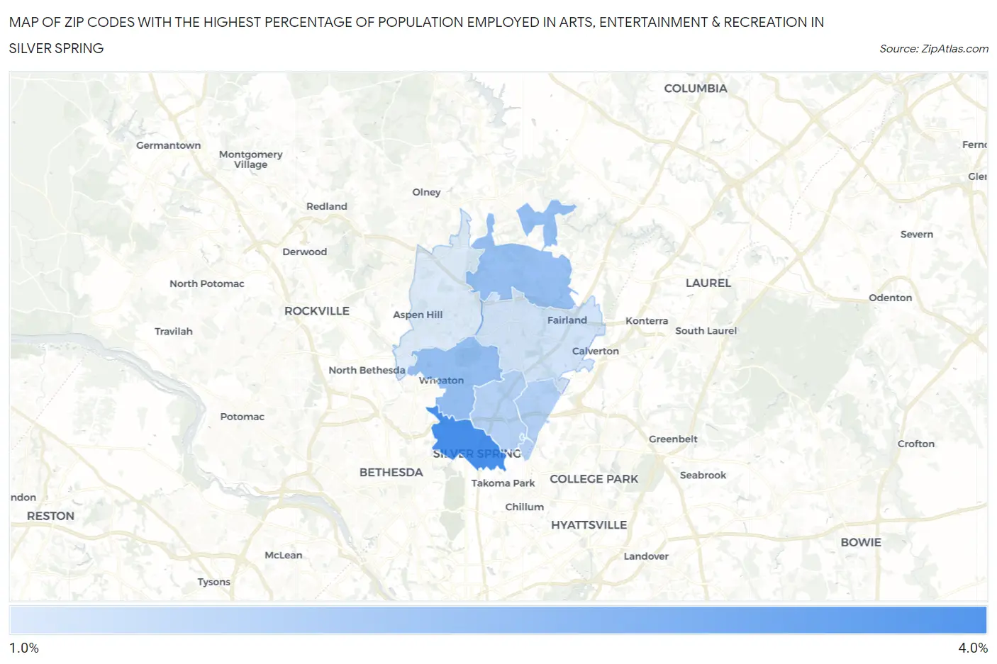 Zip Codes with the Highest Percentage of Population Employed in Arts, Entertainment & Recreation in Silver Spring Map