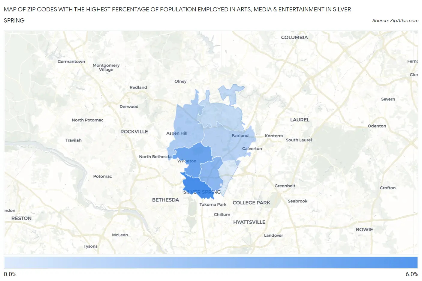 Zip Codes with the Highest Percentage of Population Employed in Arts, Media & Entertainment in Silver Spring Map