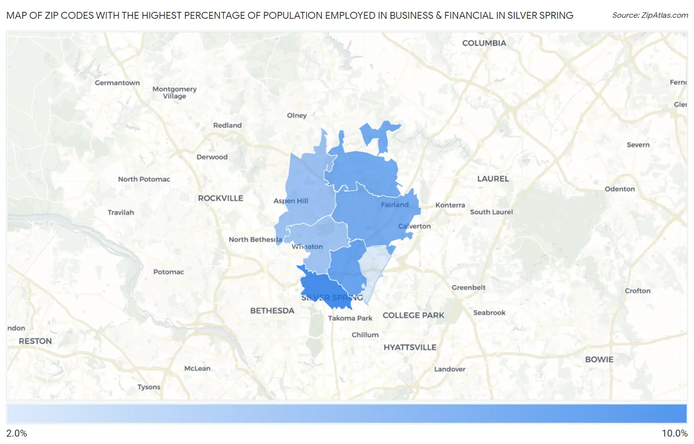 Zip Codes with the Highest Percentage of Population Employed in Business & Financial in Silver Spring Map