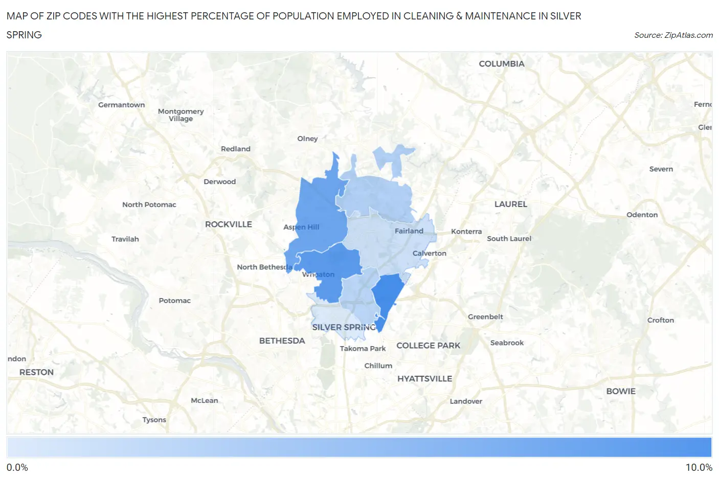 Zip Codes with the Highest Percentage of Population Employed in Cleaning & Maintenance in Silver Spring Map