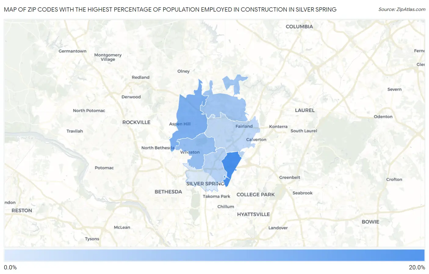 Zip Codes with the Highest Percentage of Population Employed in Construction in Silver Spring Map