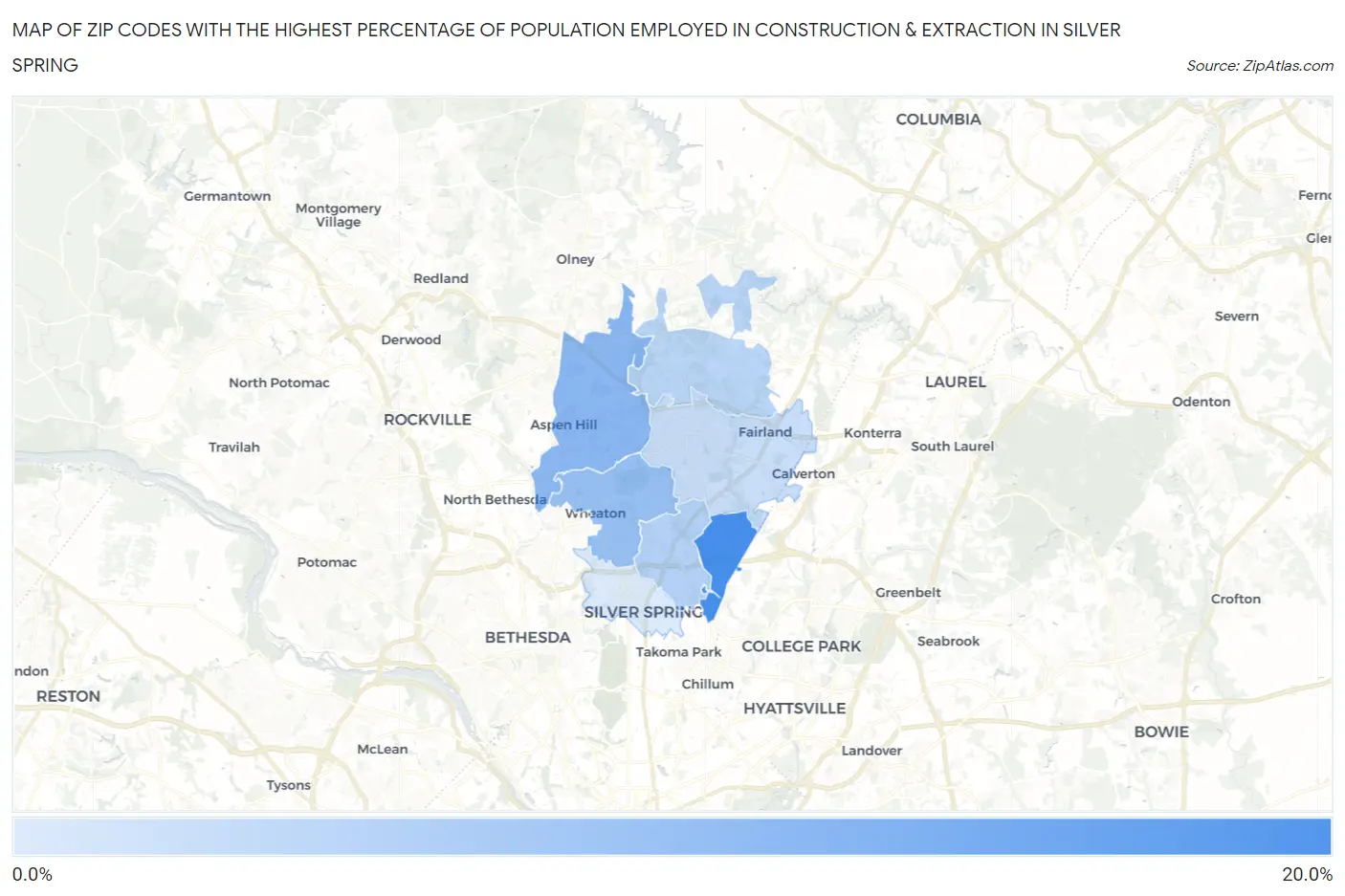 Zip Codes with the Highest Percentage of Population Employed in Construction & Extraction in Silver Spring Map