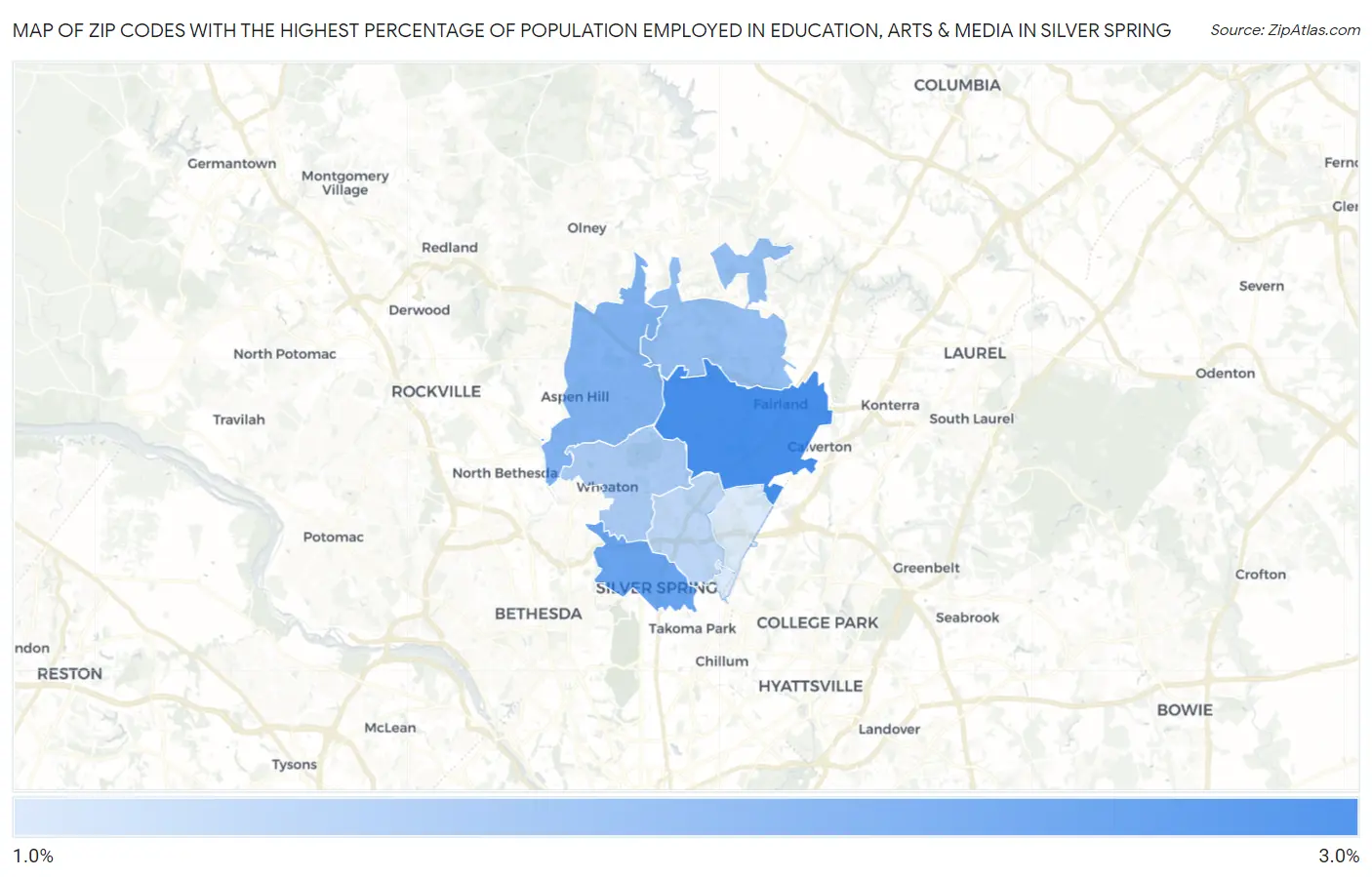 Zip Codes with the Highest Percentage of Population Employed in Education, Arts & Media in Silver Spring Map
