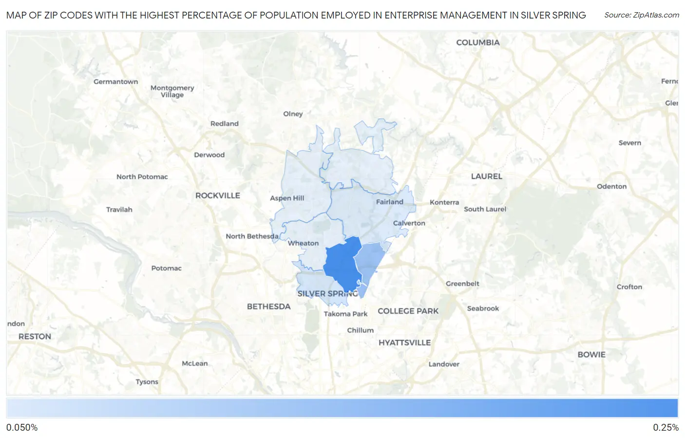 Zip Codes with the Highest Percentage of Population Employed in Enterprise Management in Silver Spring Map