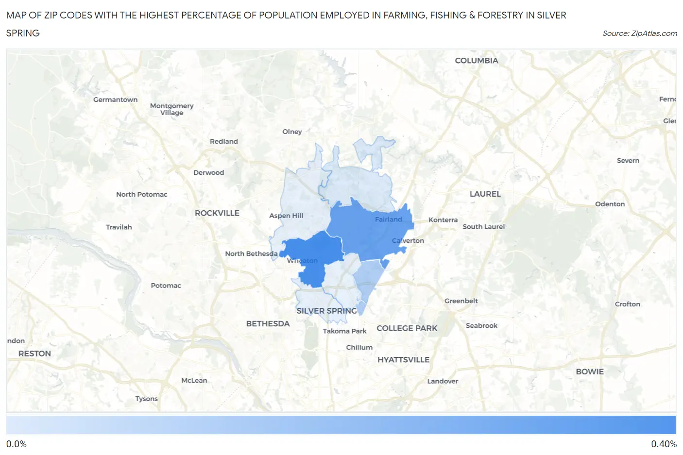 Zip Codes with the Highest Percentage of Population Employed in Farming, Fishing & Forestry in Silver Spring Map
