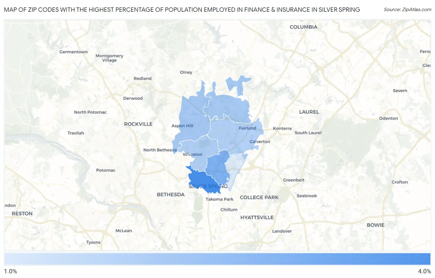 Zip Codes with the Highest Percentage of Population Employed in Finance & Insurance in Silver Spring Map