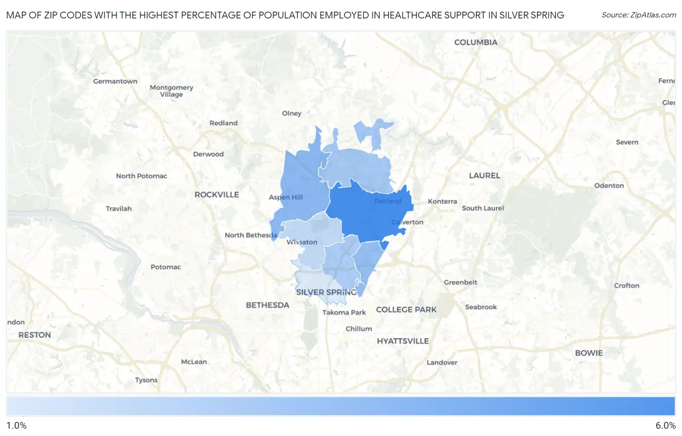 Zip Codes with the Highest Percentage of Population Employed in Healthcare Support in Silver Spring Map