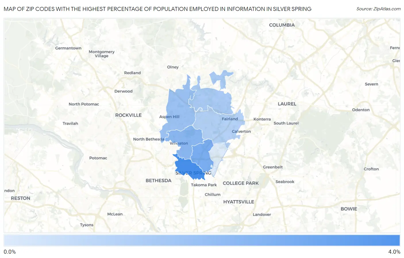 Zip Codes with the Highest Percentage of Population Employed in Information in Silver Spring Map