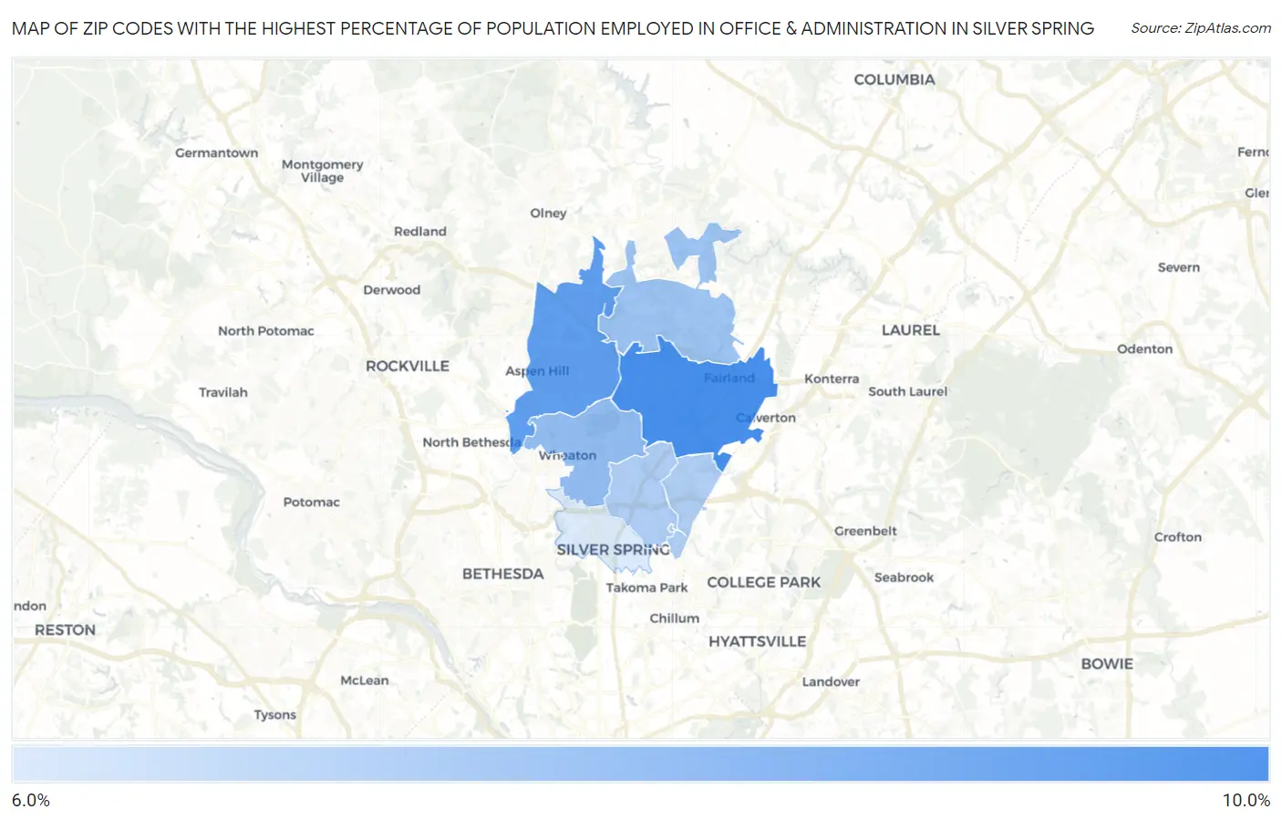 Zip Codes with the Highest Percentage of Population Employed in Office & Administration in Silver Spring Map