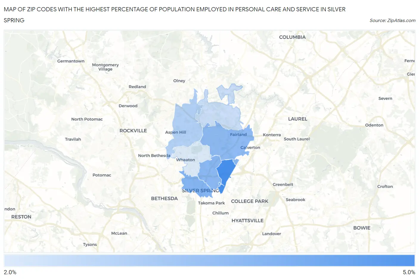 Zip Codes with the Highest Percentage of Population Employed in Personal Care and Service in Silver Spring Map