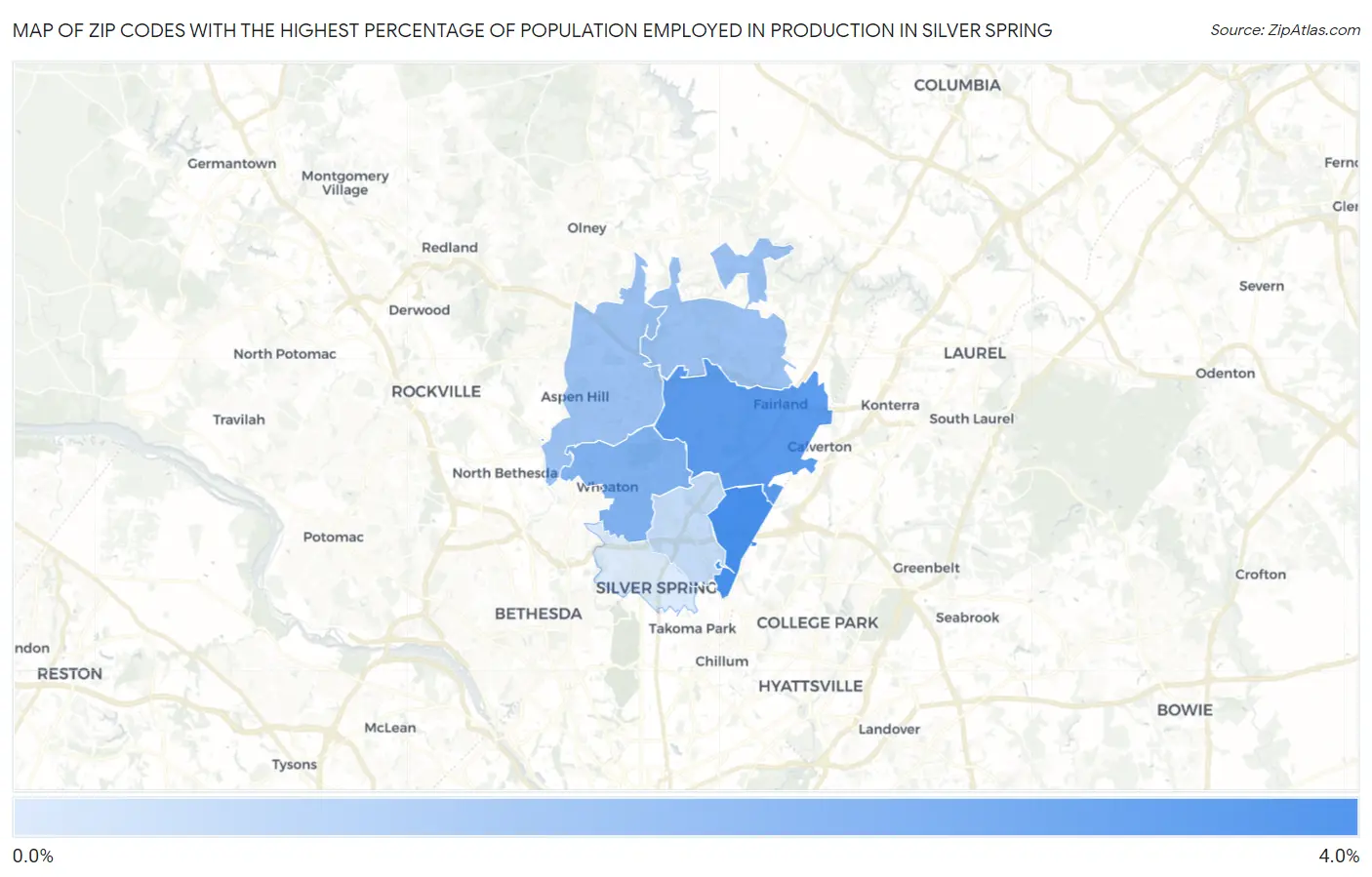 Zip Codes with the Highest Percentage of Population Employed in Production in Silver Spring Map