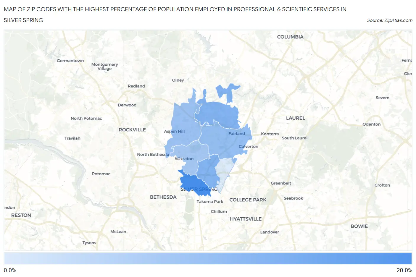 Zip Codes with the Highest Percentage of Population Employed in Professional & Scientific Services in Silver Spring Map