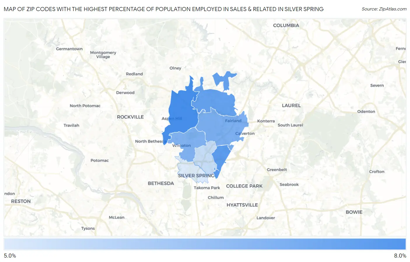 Zip Codes with the Highest Percentage of Population Employed in Sales & Related in Silver Spring Map