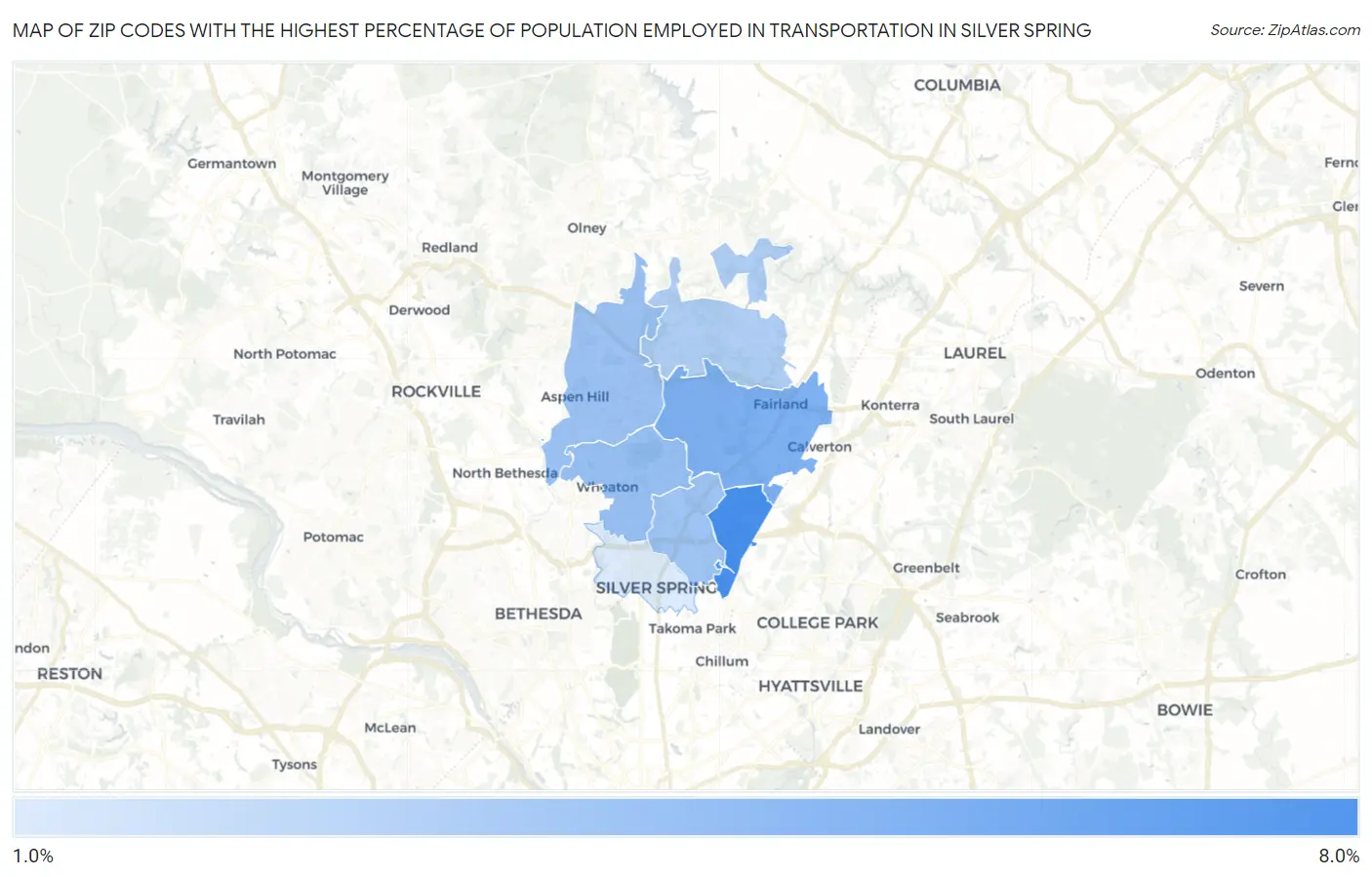 Zip Codes with the Highest Percentage of Population Employed in Transportation in Silver Spring Map