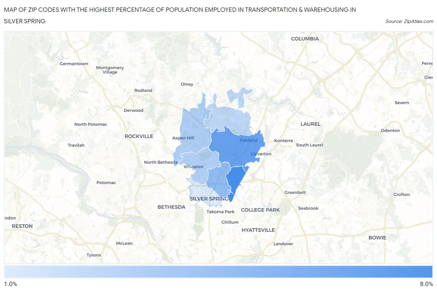 Zip Codes with the Highest Percentage of Population Employed in Transportation & Warehousing in Silver Spring Map