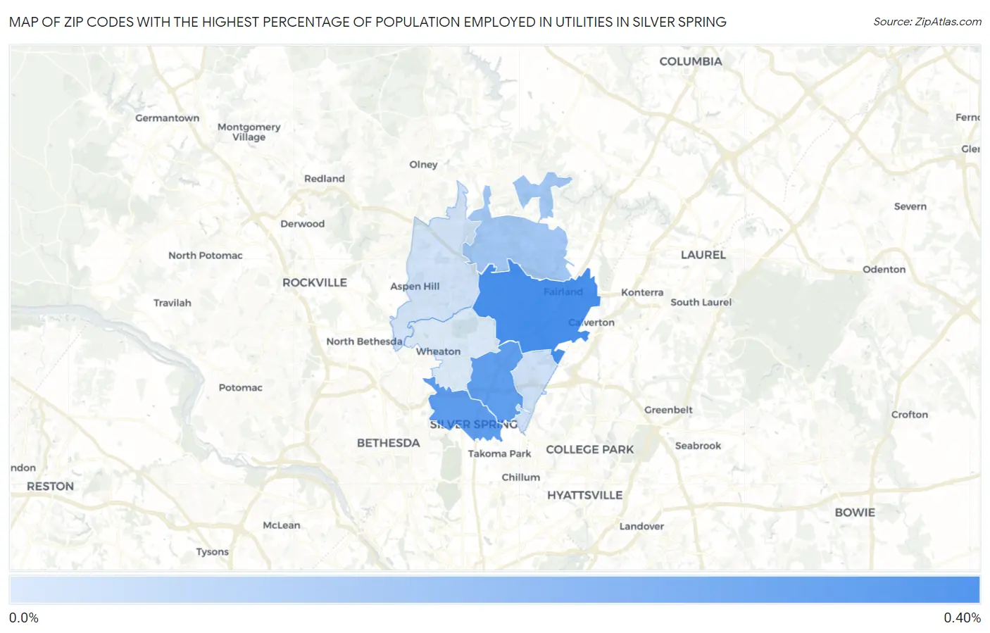 Zip Codes with the Highest Percentage of Population Employed in Utilities in Silver Spring Map