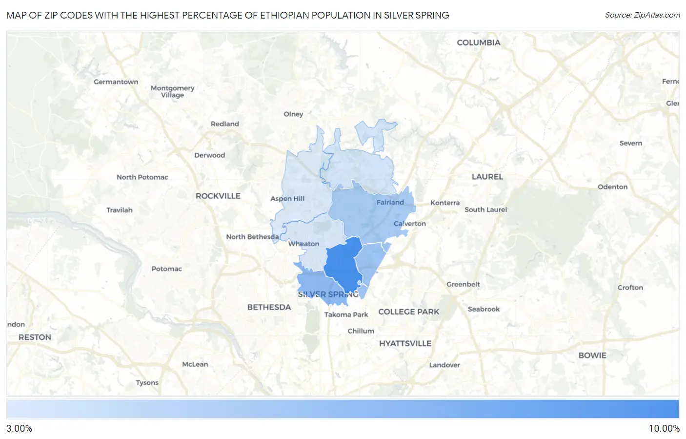 Zip Codes with the Highest Percentage of Ethiopian Population in Silver Spring Map