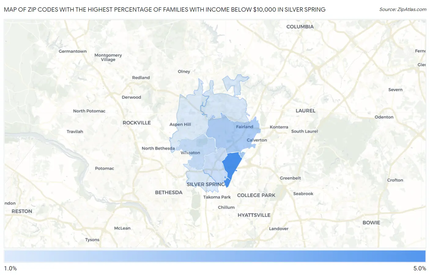 Zip Codes with the Highest Percentage of Families with Income Below $10,000 in Silver Spring Map