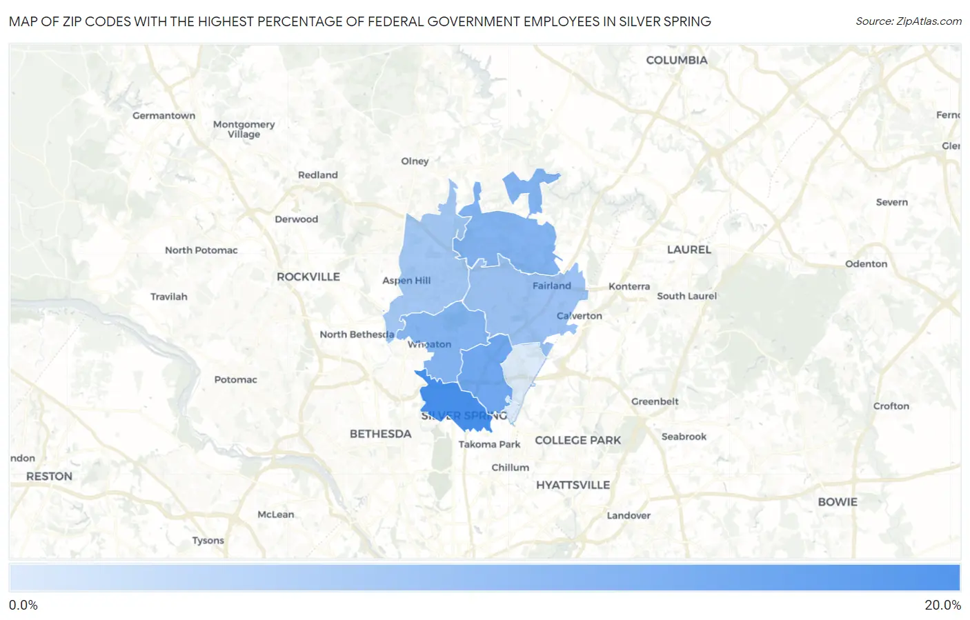 Zip Codes with the Highest Percentage of Federal Government Employees in Silver Spring Map