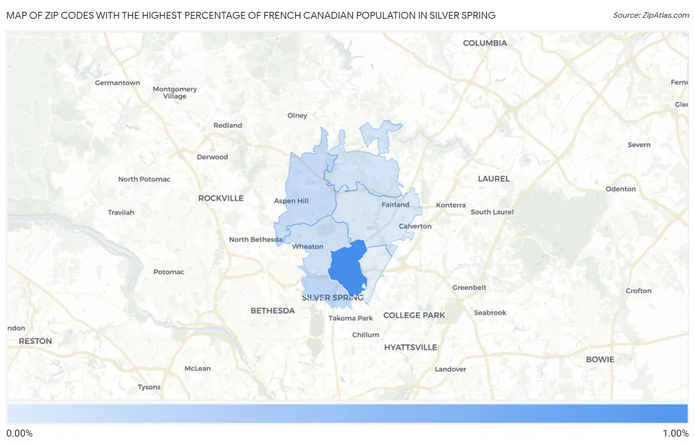 Zip Codes with the Highest Percentage of French Canadian Population in Silver Spring Map