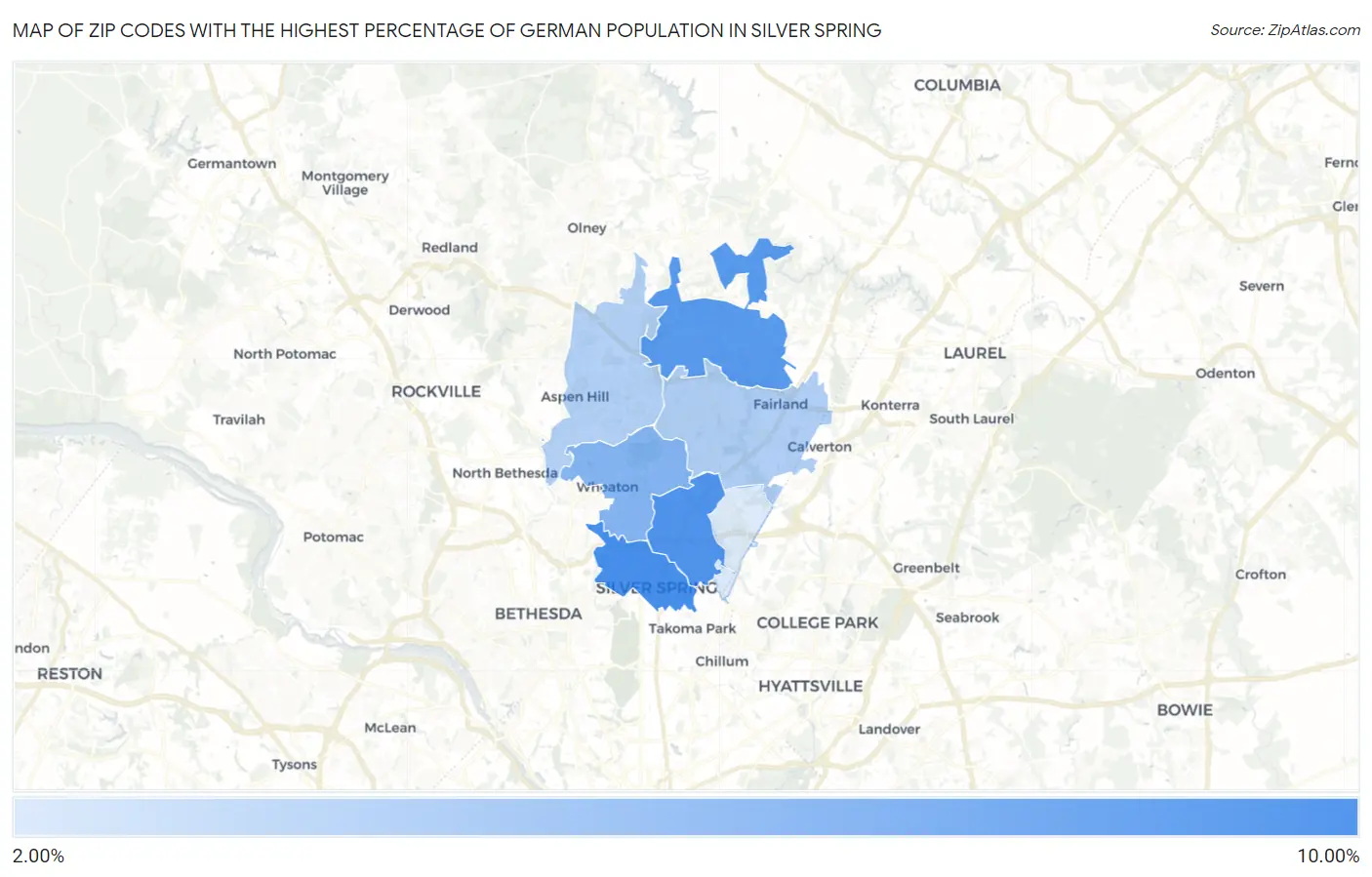 Zip Codes with the Highest Percentage of German Population in Silver Spring Map
