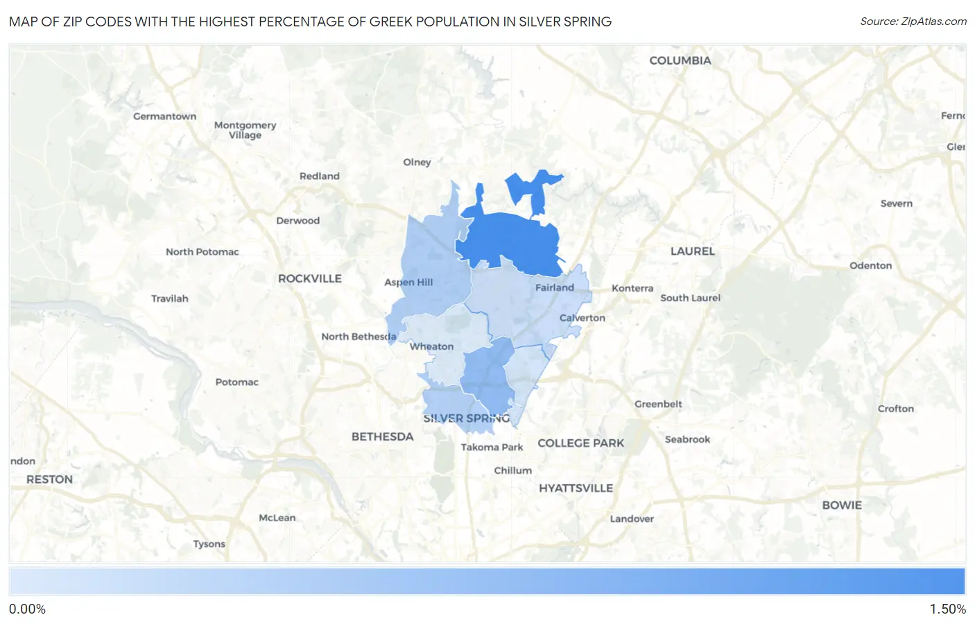 Zip Codes with the Highest Percentage of Greek Population in Silver Spring Map