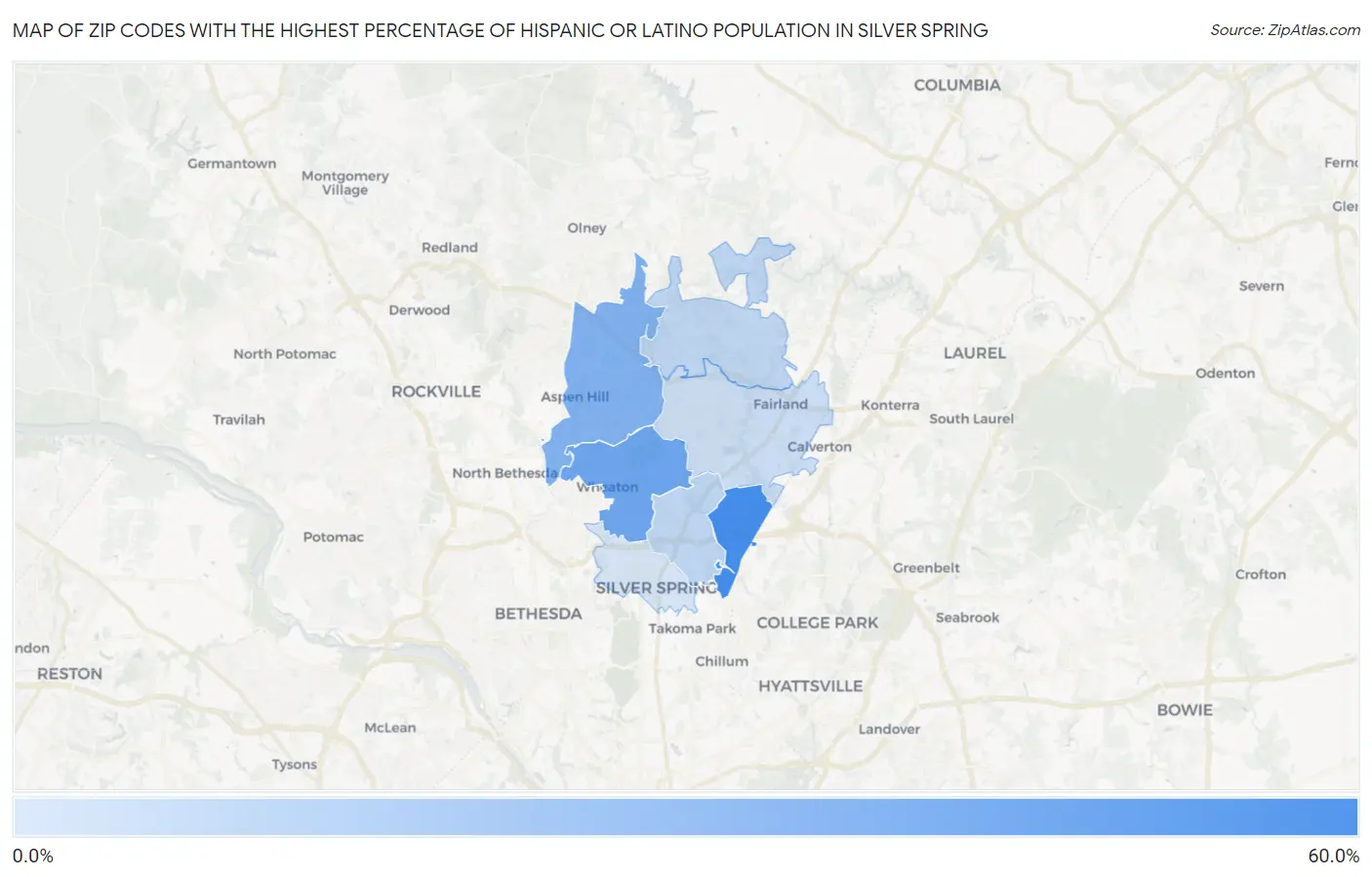 Zip Codes with the Highest Percentage of Hispanic or Latino Population in Silver Spring Map