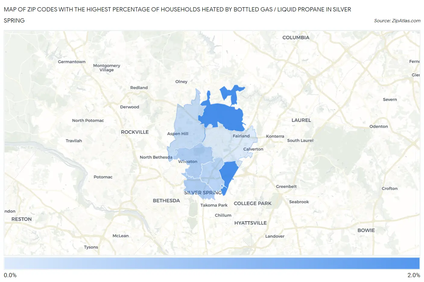 Zip Codes with the Highest Percentage of Households Heated by Bottled Gas / Liquid Propane in Silver Spring Map