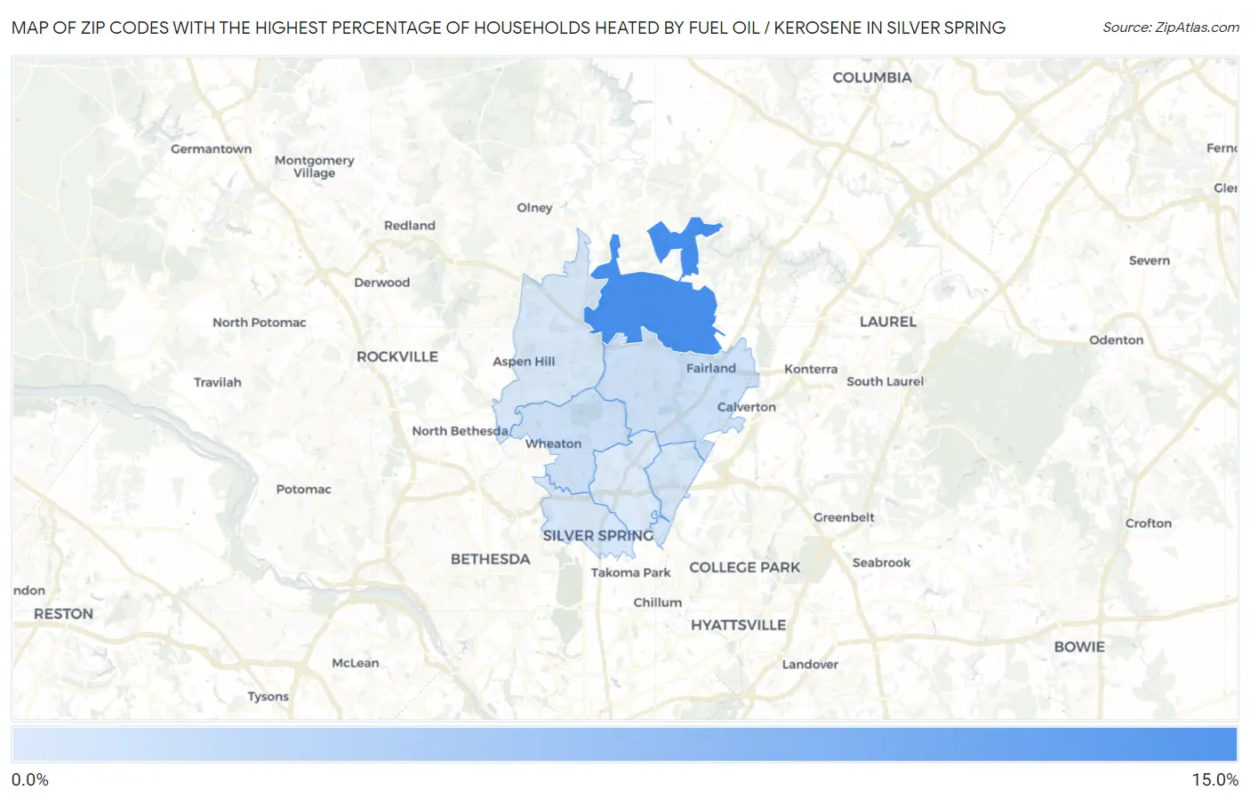 Zip Codes with the Highest Percentage of Households Heated by Fuel Oil / Kerosene in Silver Spring Map