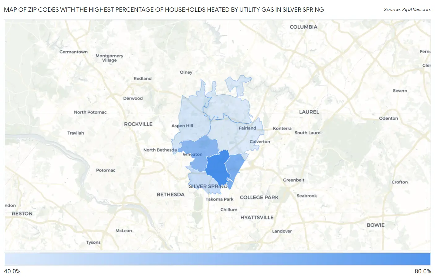 Zip Codes with the Highest Percentage of Households Heated by Utility Gas in Silver Spring Map