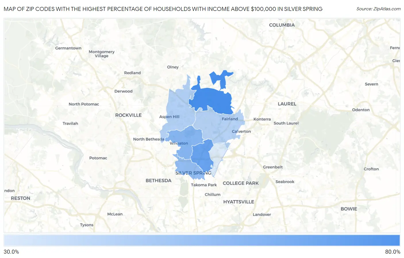 Zip Codes with the Highest Percentage of Households with Income Above $100,000 in Silver Spring Map