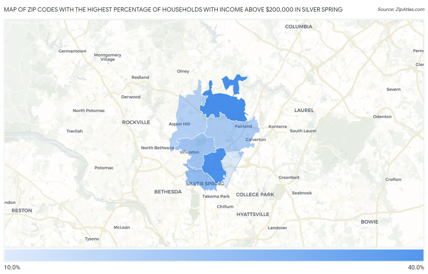Zip Codes with the Highest Percentage of Households with Income Above $200,000 in Silver Spring Map
