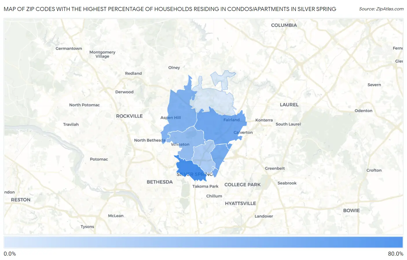 Zip Codes with the Highest Percentage of Households Residing in Condos/Apartments in Silver Spring Map