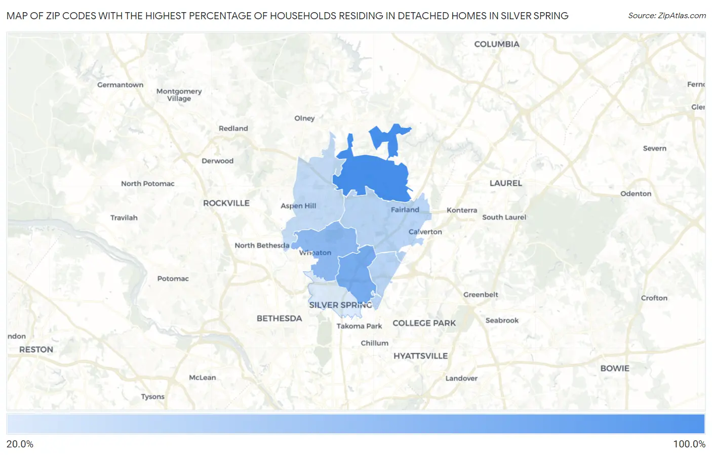Zip Codes with the Highest Percentage of Households Residing in Detached Homes in Silver Spring Map